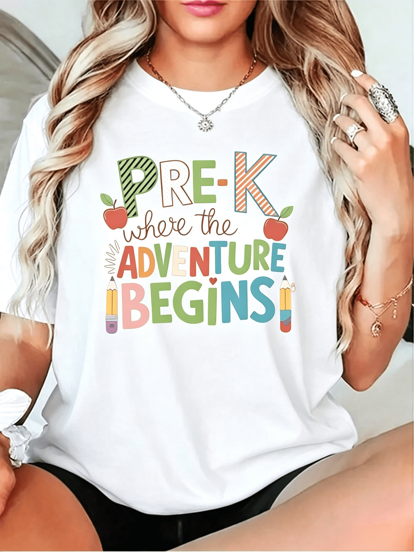 Women’s Pre-K Where The Adventure Begins Apple Pencil Teacher Graphic Crew Neck Short Sleeve Casual T-Shirt