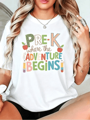 Women’s Pre-K Where The Adventure Begins Apple Pencil Teacher Graphic Crew Neck Short Sleeve Casual T-Shirt