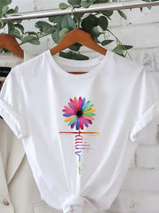 Women’s Rainbow Daisy Faith Cross Floral Graphic T-Shirt Christian Inspirational Faith Short Sleeve Tee