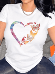 Women’s Rainbow Gradient Heart Colorful Butterfly Graphic Crew Neck Short Sleeve Casual T-Shirt