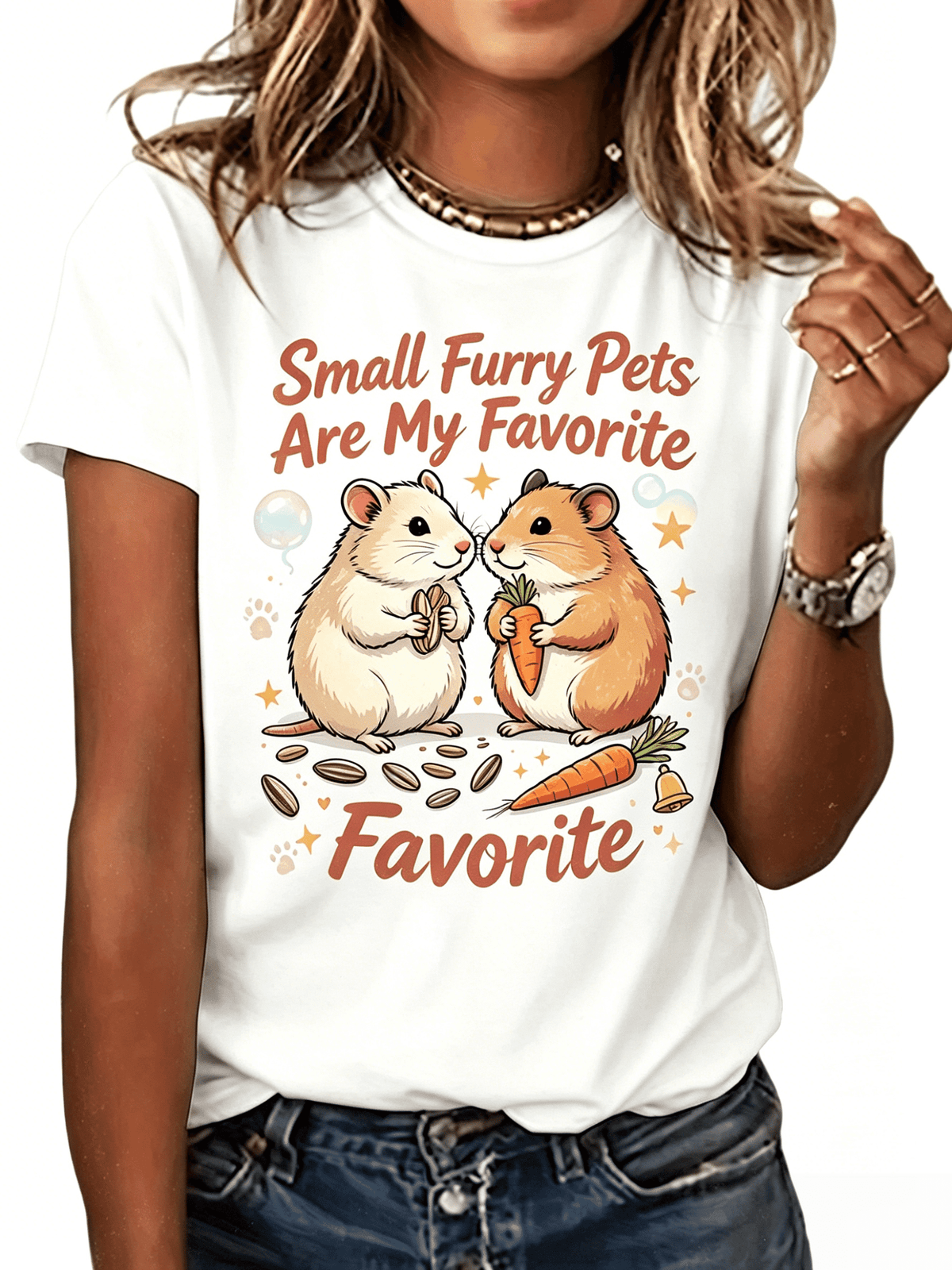 Women’s Relaxed Fit Crew Neck Short Sleeve T-Shirt, Cute Cartoon Hamster Small Furry Pet Graphic Print Tee, Soft Breathable Lightweight Casual Pullover Top, Spring Summer Daily Outfit, Unique Gift fo
