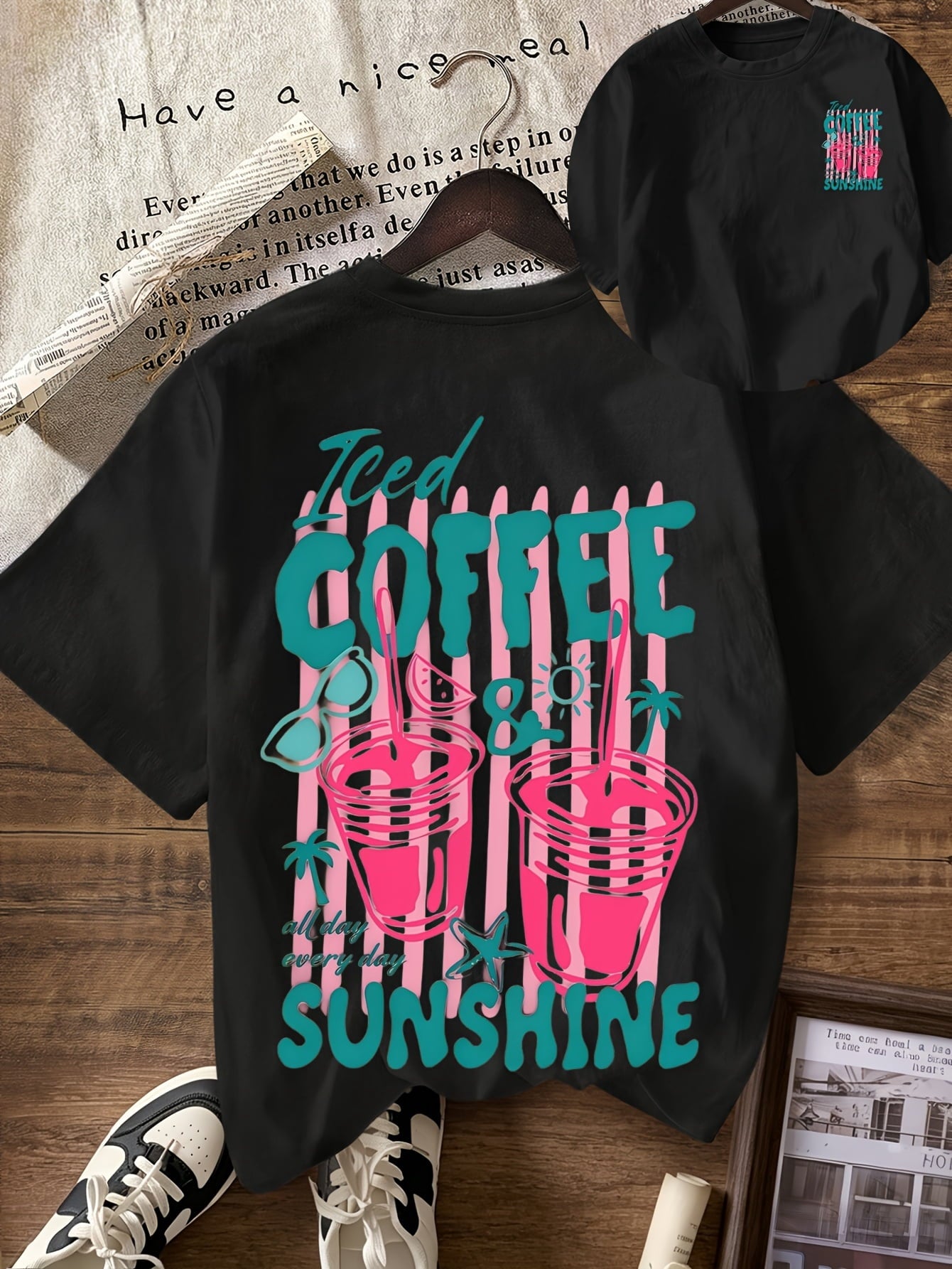 Women's Retro 90s Iced Coffee & Sunshine T-Shirt - Vintage Short Sleeve Round Neck Tee with Iced Coffee Lettering