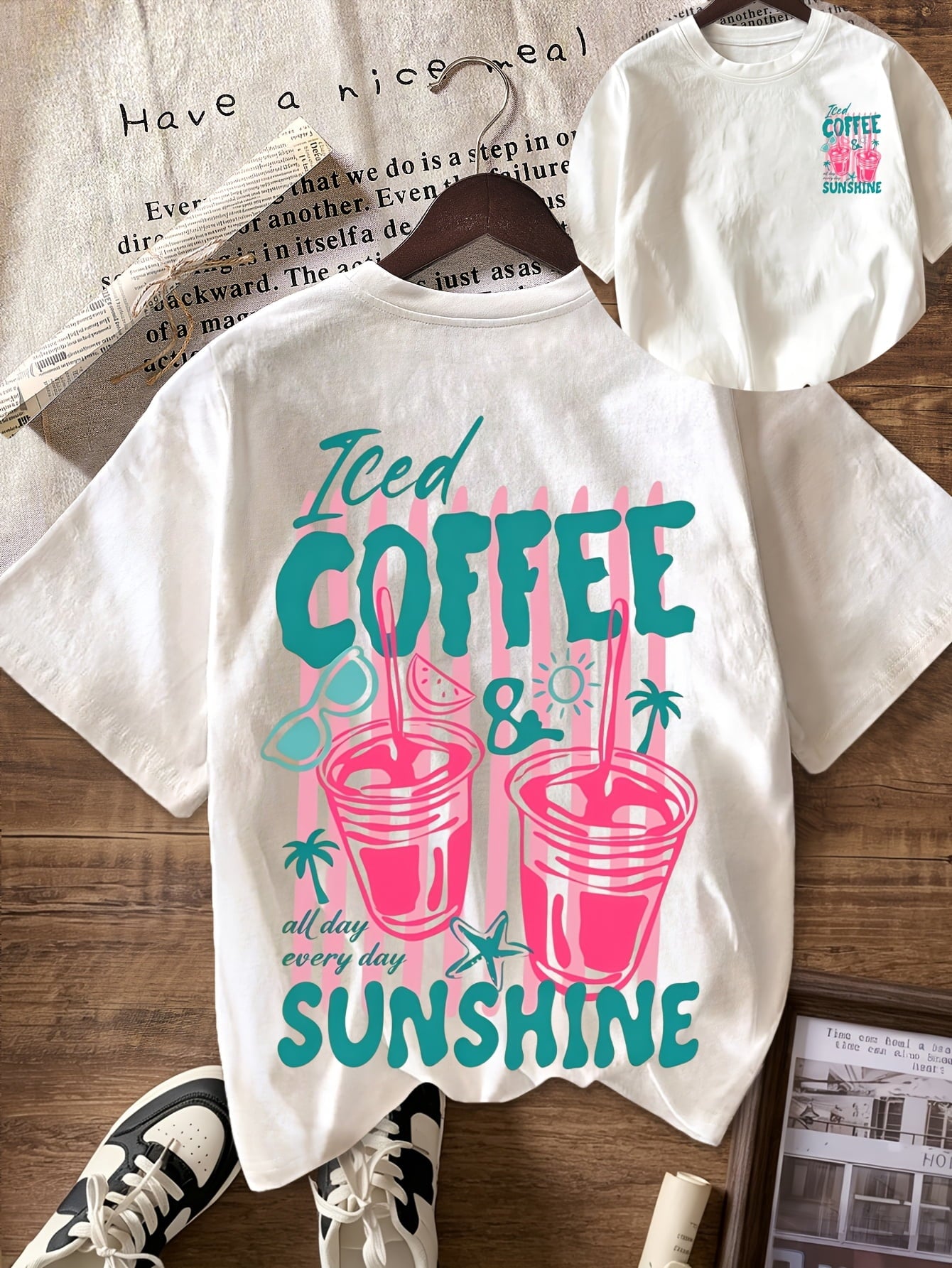 Women's Retro 90s Iced Coffee & Sunshine T-Shirt - Vintage Short Sleeve Round Neck Tee with Iced Coffee Lettering