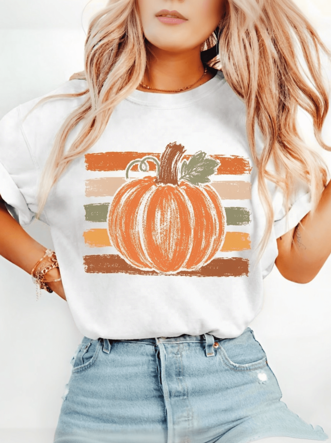 Women's Retro Pumpkin Striped T-Shirt, Fall Autumn Harvest Graphic Tee, Casual Short Sleeve Crewneck Top