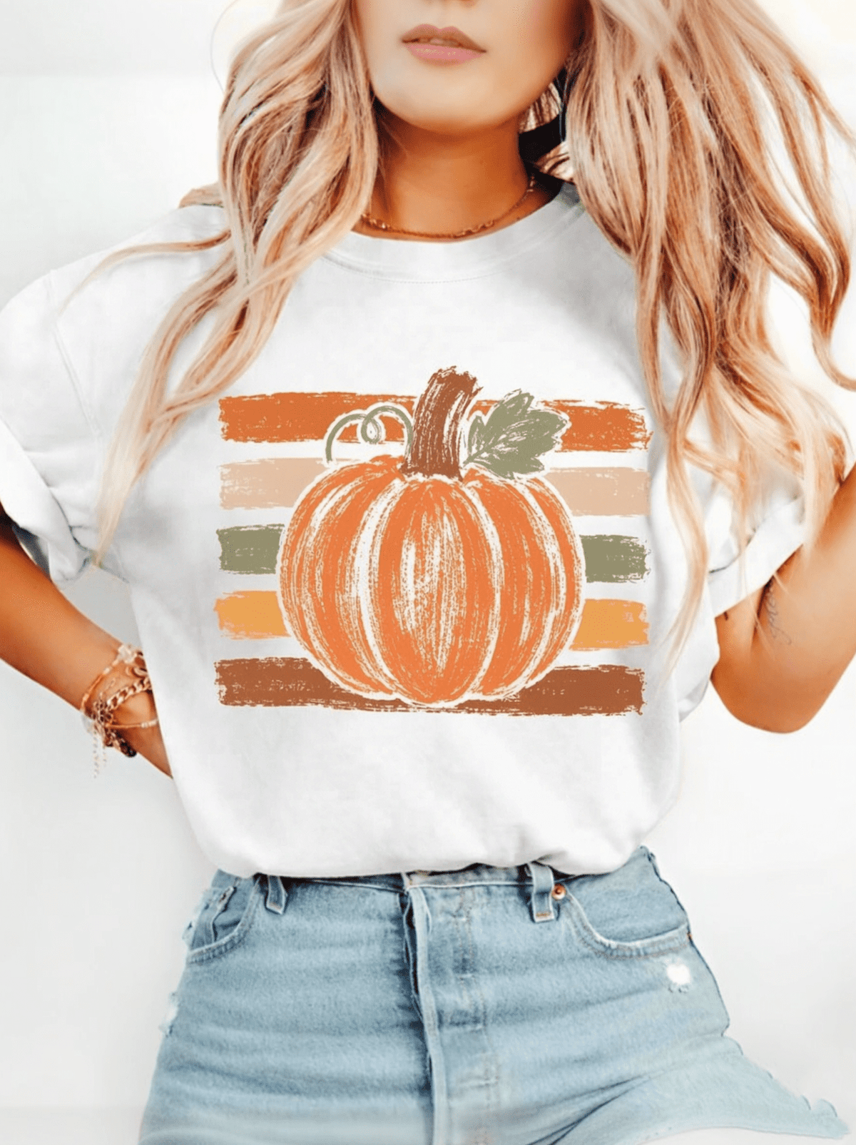 Women's Retro Pumpkin Striped T-Shirt, Fall Autumn Harvest Graphic Tee, Casual Short Sleeve Crewneck Top