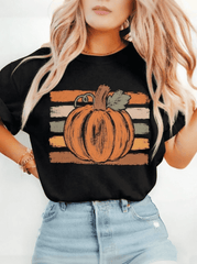 Women's Retro Pumpkin Striped T-Shirt, Fall Autumn Harvest Graphic Tee, Casual Short Sleeve Crewneck Top