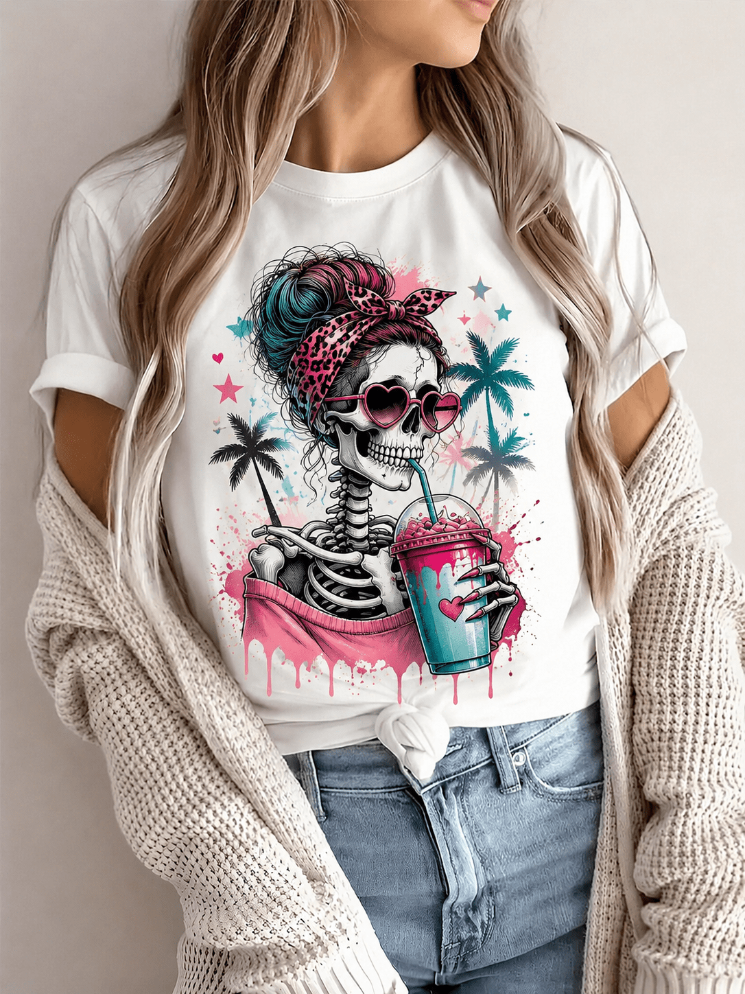 Women's Retro Skeleton Girl Drinking Smoothie Graphic T-Shirt, Pink Heart Sunglasses Skull Summer Beach Casual Short Sleeve Tee
