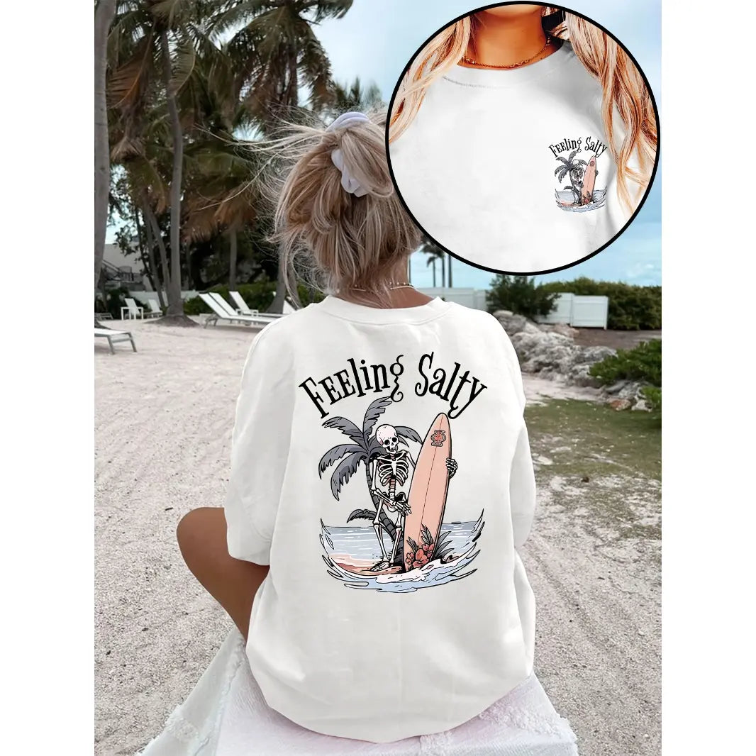 Women's Salty Skeleton Graphic Tee - Essential Soft Comfortable Breathable Cotton-Crew Neck Drop Shoulder Sleeves Summer Casual Style Sports Top, Tshirt