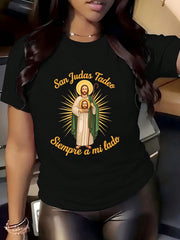 Women's San Judas Tadeo Spanish Religious Faith Print Casual Short Sleeve Graphic Tee