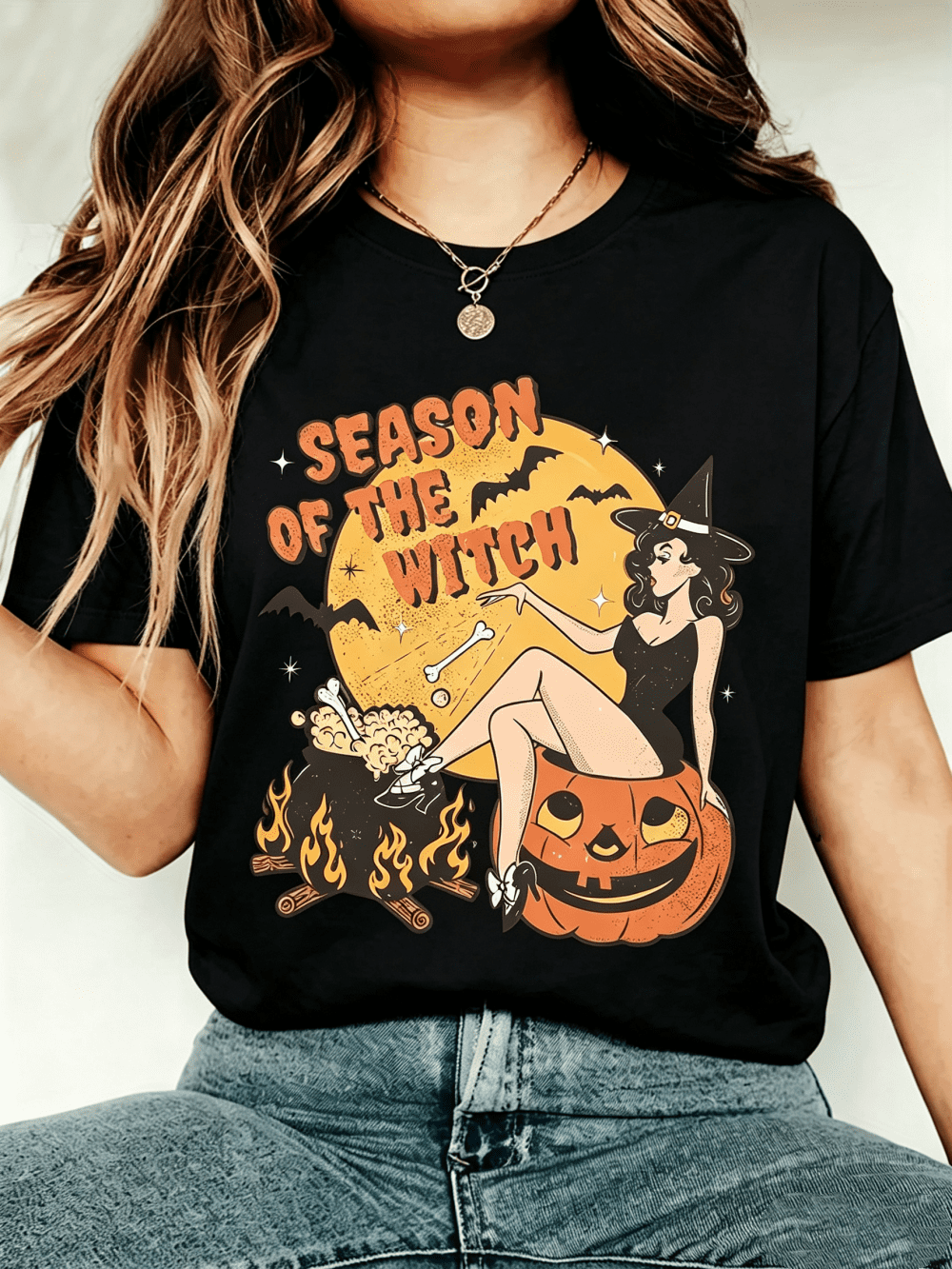Women's Season Of The Witch Graphic T-Shirt Vintage Pinup Witch Pumpkin Cauldron Bat Halloween Fall Tee