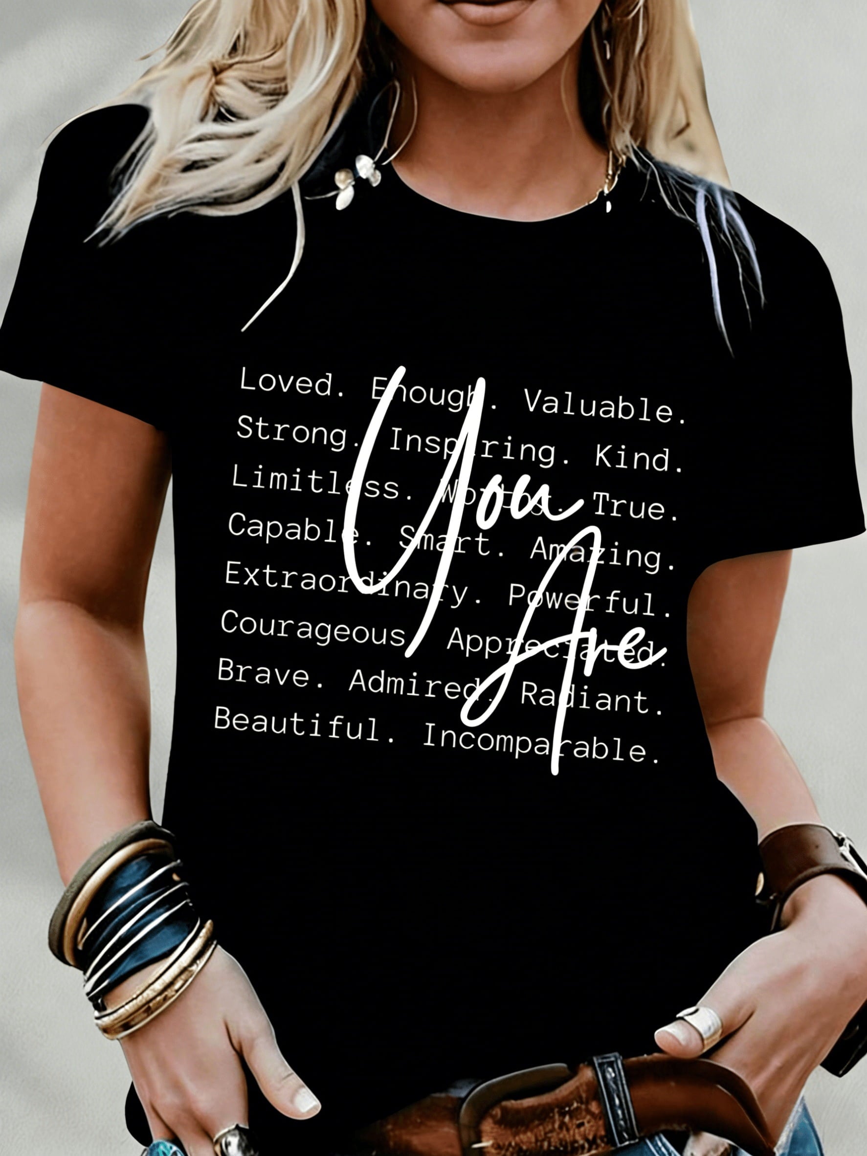 Women's Short Sleeve T-Shirt with "You Are Loved & Valued" Quote - Round Neck Casual Blouse Top, Suitable for Daily Wear, Confidence-Boosting Motivational Clothing
