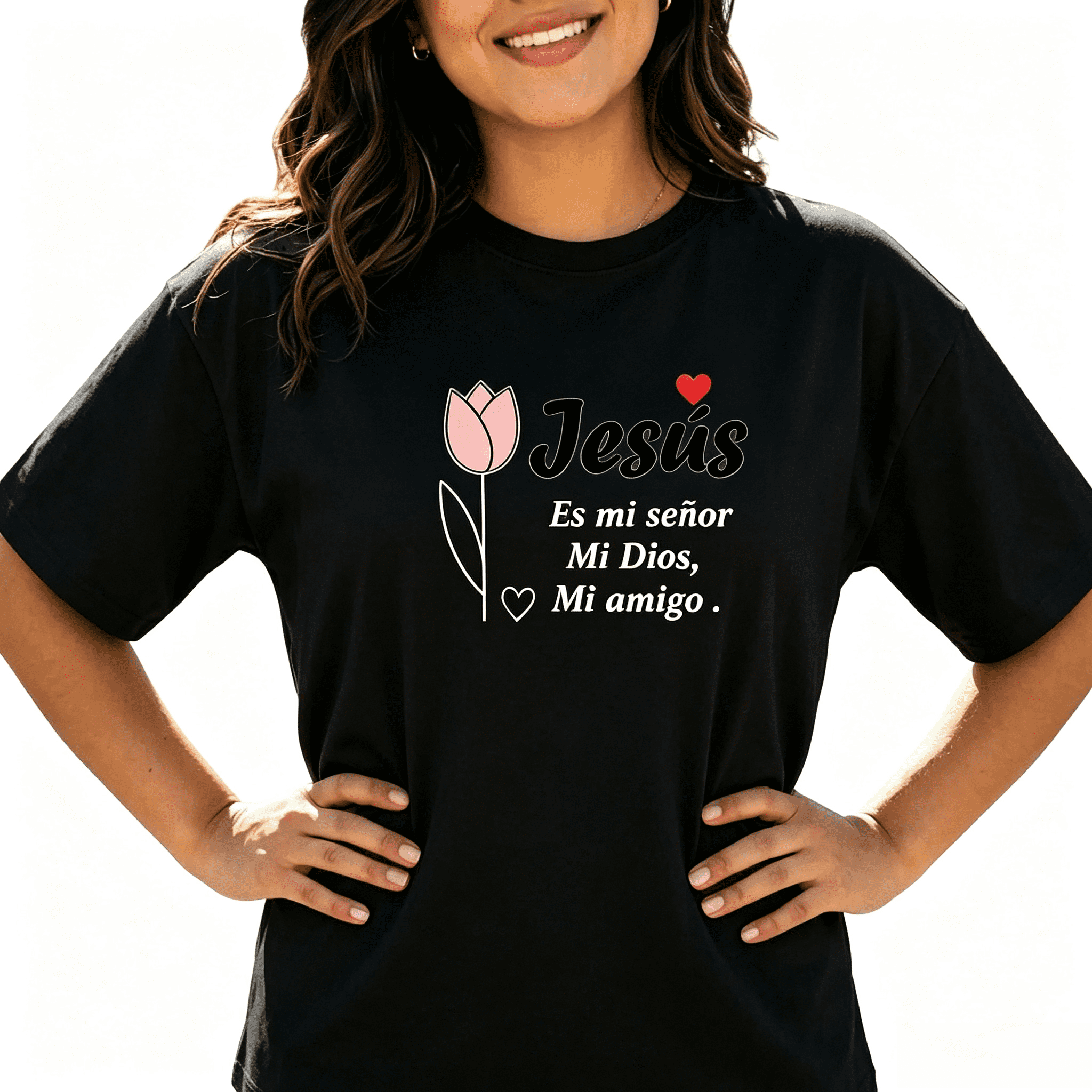 Women's Spanish Jesus Es Mi Señor Mi Dios Mi Amigo Tulip Graphic Crew Neck Religious Faith Short Sleeve T-Shirt