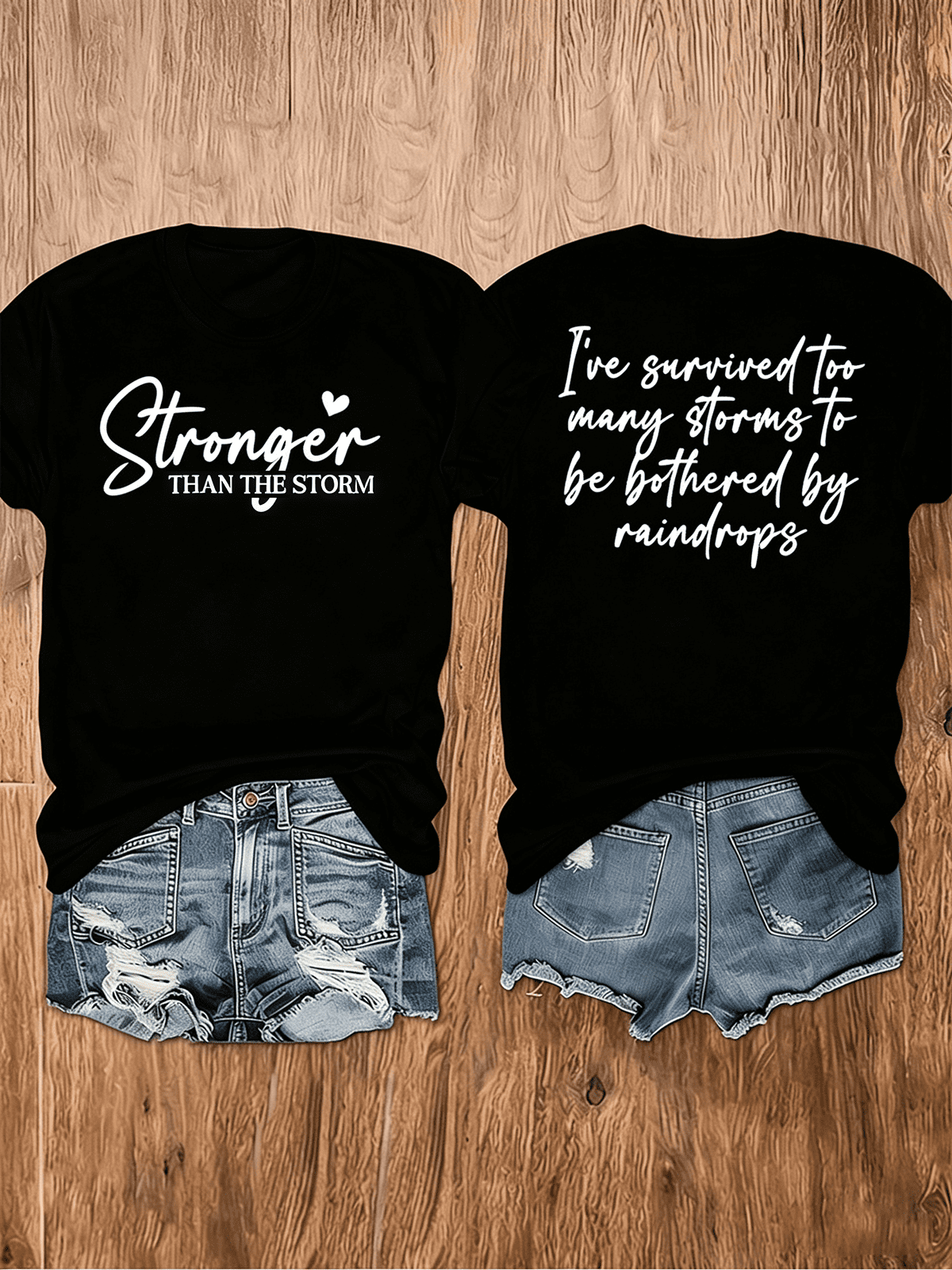 Women’s Stronger Than The Storm Double Sided Graphic T-Shirt Inspirational Positive Quote Short Sleeve Tee