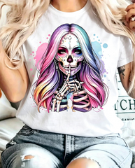 Women's Sugar Skull Graphic T‑Shirt, Rainbow Hair Silent Skeleton Print, Round Neck Short Sleeve Casual Top, Halloween T shirts