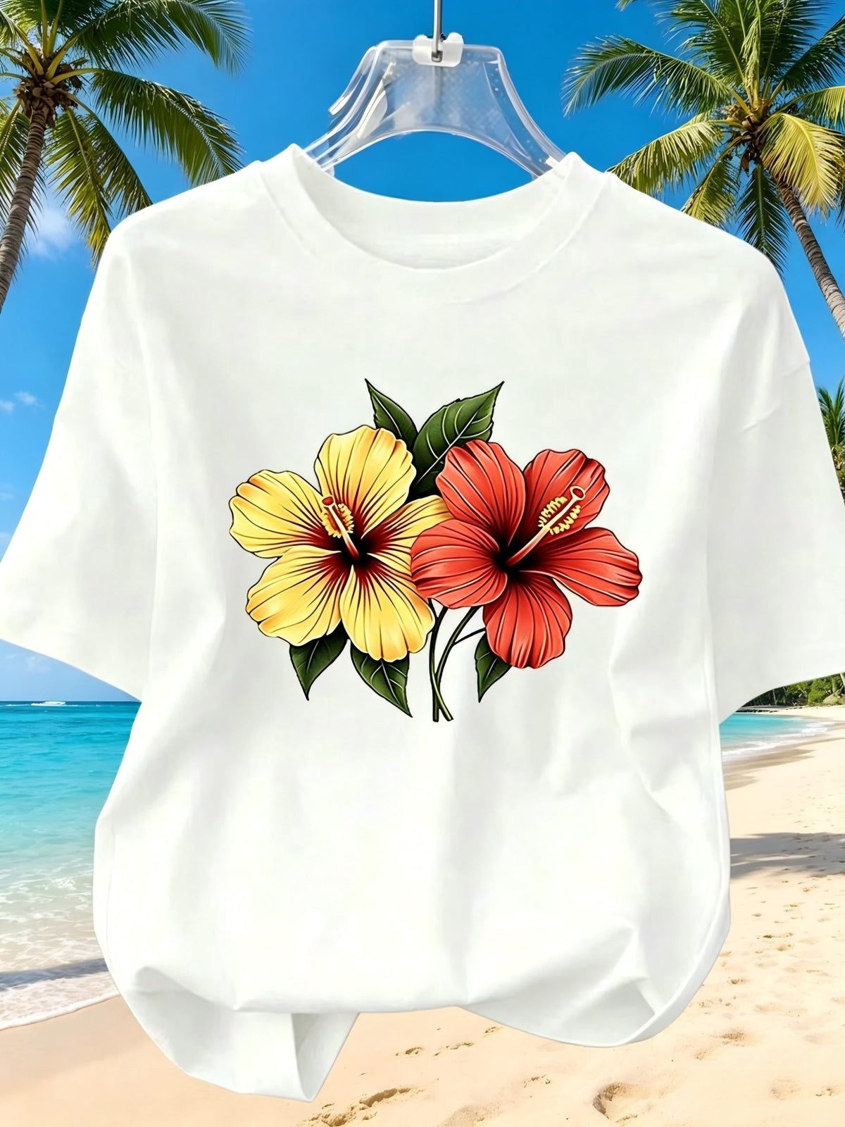 Women's Summer Beach Tee, Vibrant Red Yellow Hibiscus Tropical Floral Print Crew Neck Short Sleeve Casual T-Shirt for Vacation