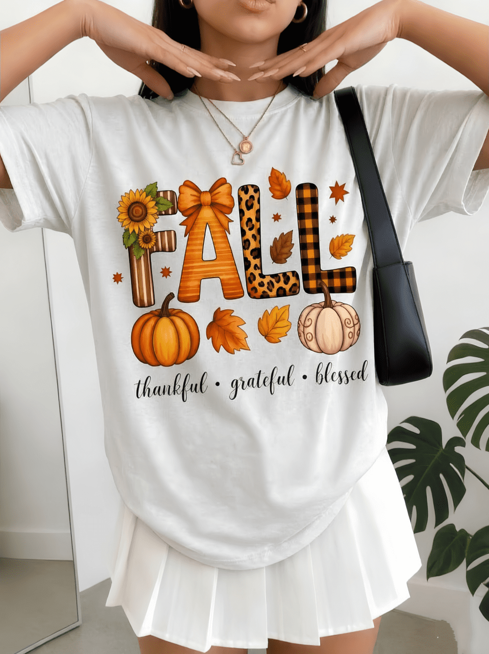 Women's T-Shirt Fall Pumpkin Leopard Plaid Print Thankful Grateful Blessed