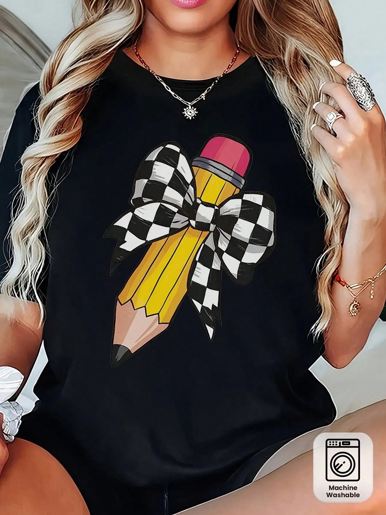 Women's Teacher T-Shirt - Soft Breathable Black Crew Neck Top With Yellow Pencil Print & Checkered Bow Tie Design - Casual Short Sleeve Shirt For Teachers, Moms - Back To Outfit