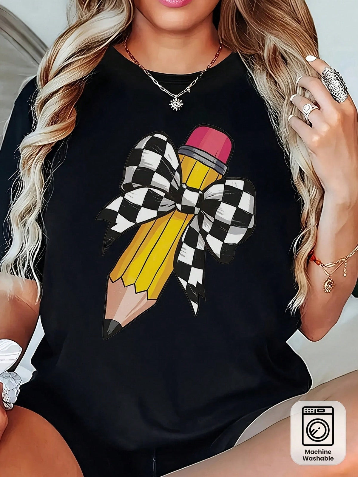 Women's Teacher T-Shirt - Soft Breathable Black Crew Neck Top With Yellow Pencil Print & Checkered Bow Tie Design - Casual Short Sleeve Shirt For Teachers, Moms - Back To Outfit