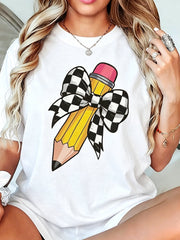 Women's Teacher T-Shirt - Soft Breathable Black Crew Neck Top With Yellow Pencil Print & Checkered Bow Tie Design - Casual Short Sleeve Shirt For Teachers, Moms - Back To Outfit
