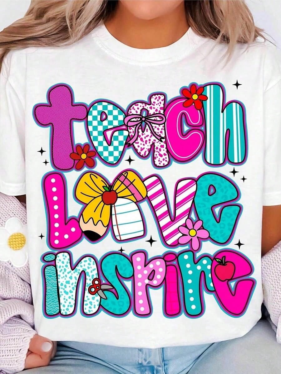 Women's Teacher T-Shirt - Teach Love Inspire Graphic Tee - Soft Breathable Cotton Shirt