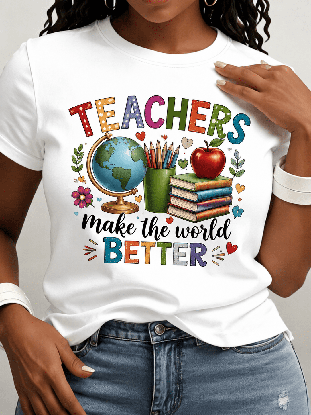 Women's Teachers Make the World Better Graphic T-Shirt, Colorful School Teacher Appreciation Crew Neck Short Sleeve Casual Tee
