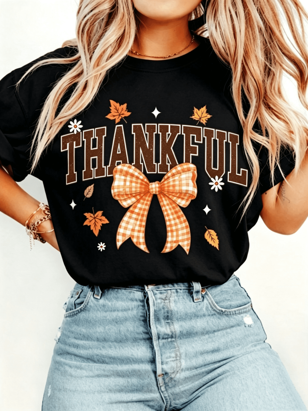 Women's Thankful T-Shirt Orange Plaid Bow Maple Leaf Fall Graphic Tee Short Sleeve Crewneck Casual Top