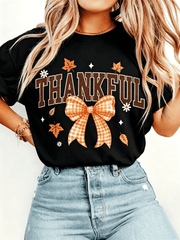 Women's Thankful T-Shirt Orange Plaid Bow Maple Leaf Fall Graphic Tee Short Sleeve Crewneck Casual Top