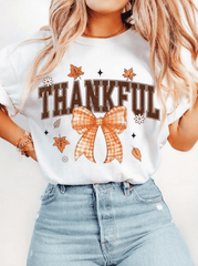 Women's Thankful T-Shirt Orange Plaid Bow Maple Leaf Fall Graphic Tee Short Sleeve Crewneck Casual Top