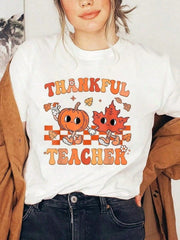 Women's Thanksgiving Graphic T-Shirt Thankful Teacher Pumpkin Leaf Cute Fall Autumn Casual Oversized Holiday Short Sleeve Tee