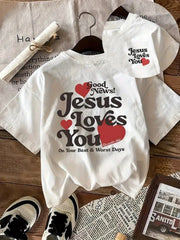 Women's Two-Sided Inspirational Letter Print T-Shirt - "Good News! Jesus Loves You" & Heart Design