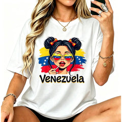 Women's Venezuelan Girl Venezuela Flag Graphic Crew Neck Short Sleeve Casual T-Shirt