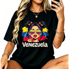 Women's Venezuelan Girl Venezuela Flag Graphic Crew Neck Short Sleeve Casual T-Shirt