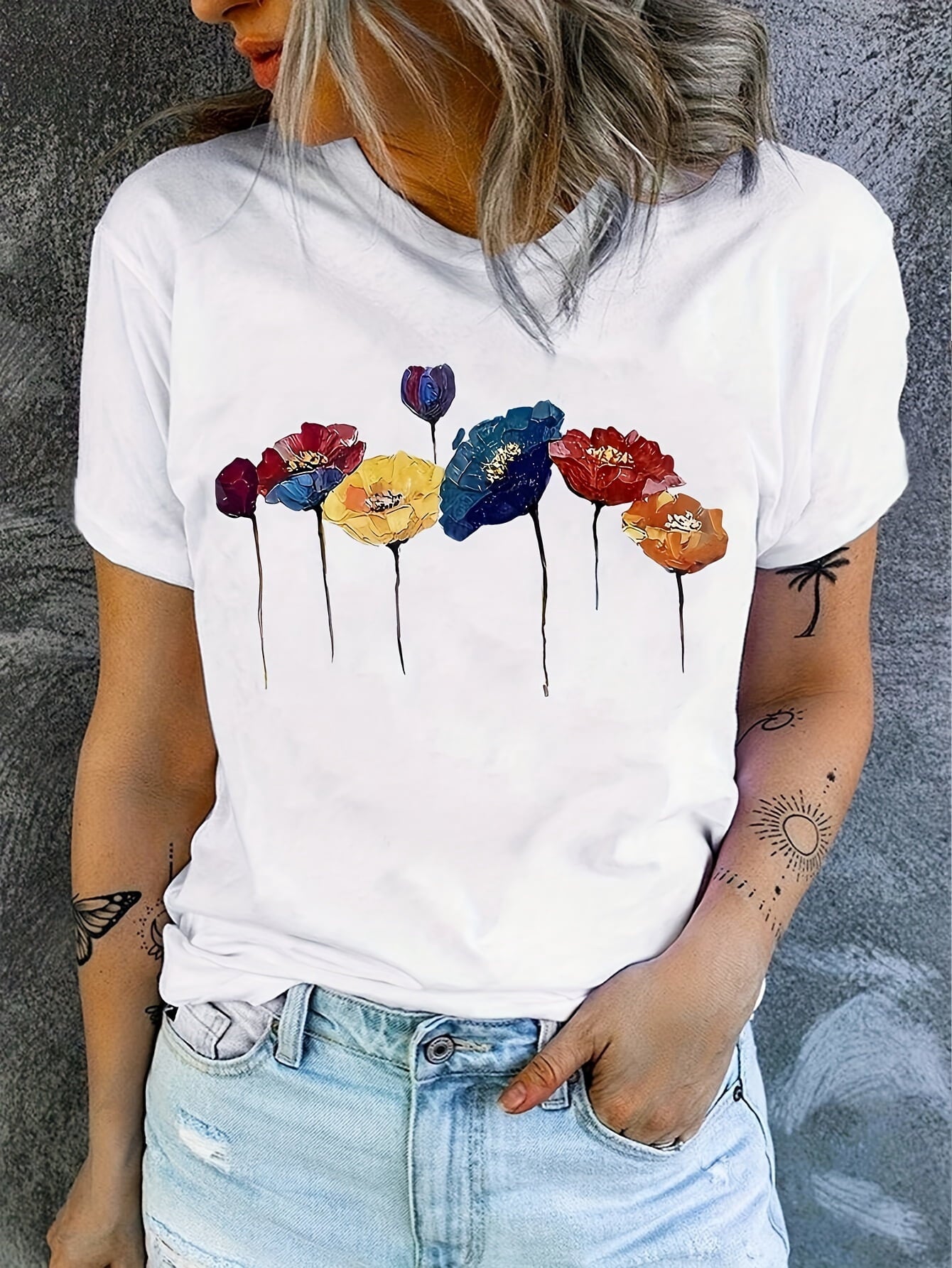 Women’s Vibrant Watercolo  Floral Graphic Crew Neck Short Sleeve Casual T-Shirt