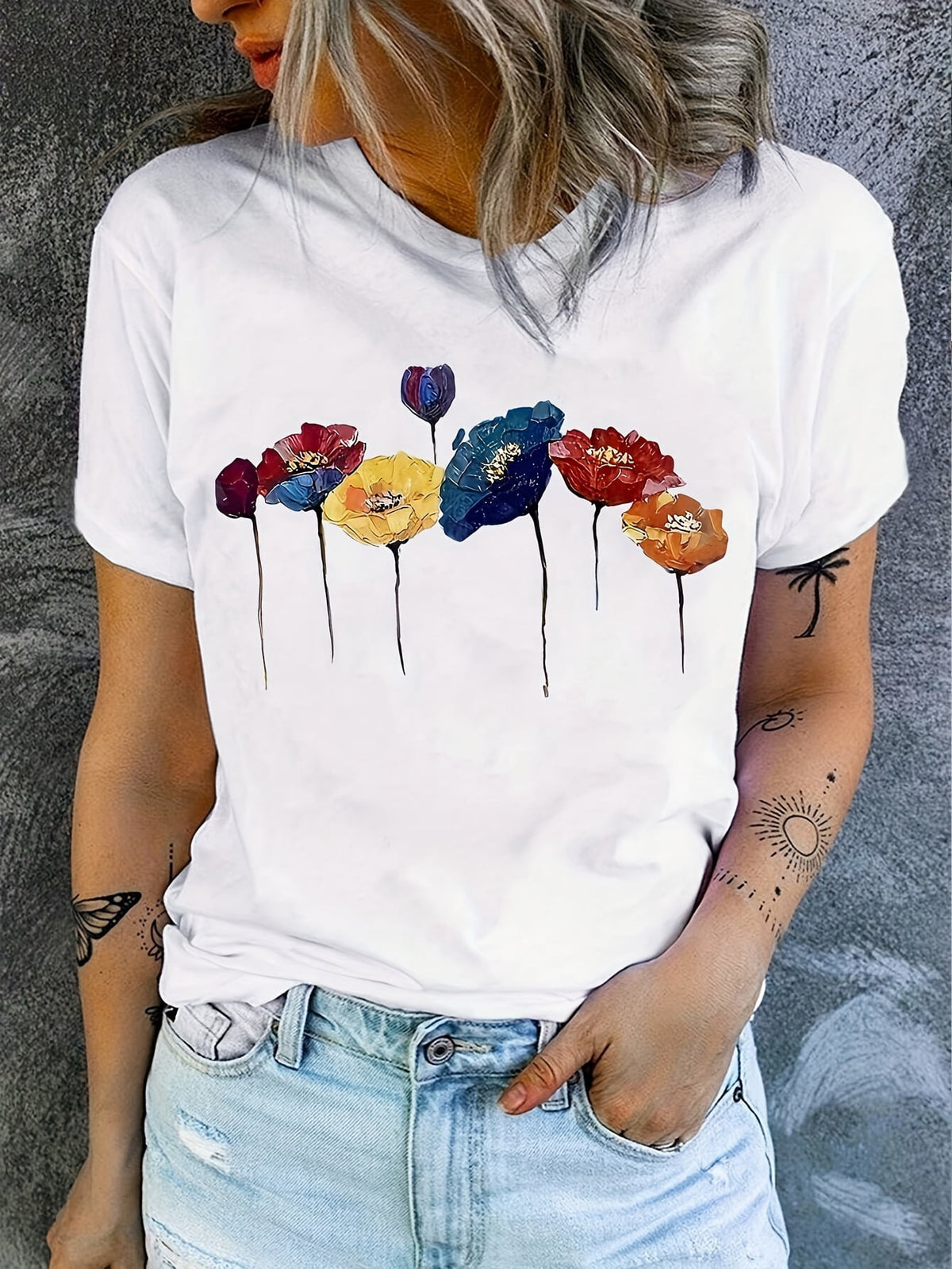 Women’s Vibrant Watercolo  Floral Graphic Crew Neck Short Sleeve Casual T-Shirt