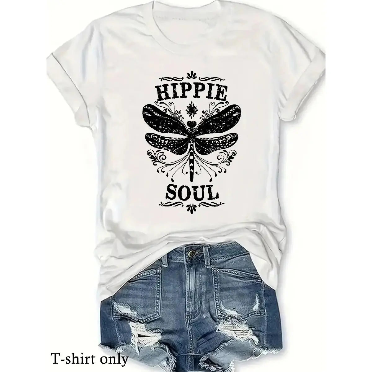 Women's Vintage Dragonfly & Letter Print Soft Cotton Fabric Short-Sleeve Round Neck T-Shirt
