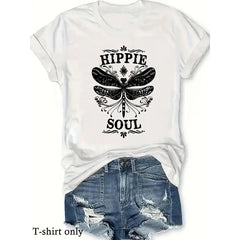 Women's Vintage Dragonfly & Letter Print Soft Cotton Fabric Short-Sleeve Round Neck T-Shirt