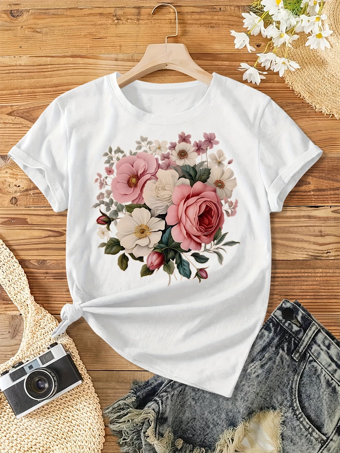 Women's Vintage Floral Bouquet T-Shirt Pink Rose Wildflower Graphic Casual Summer Tee