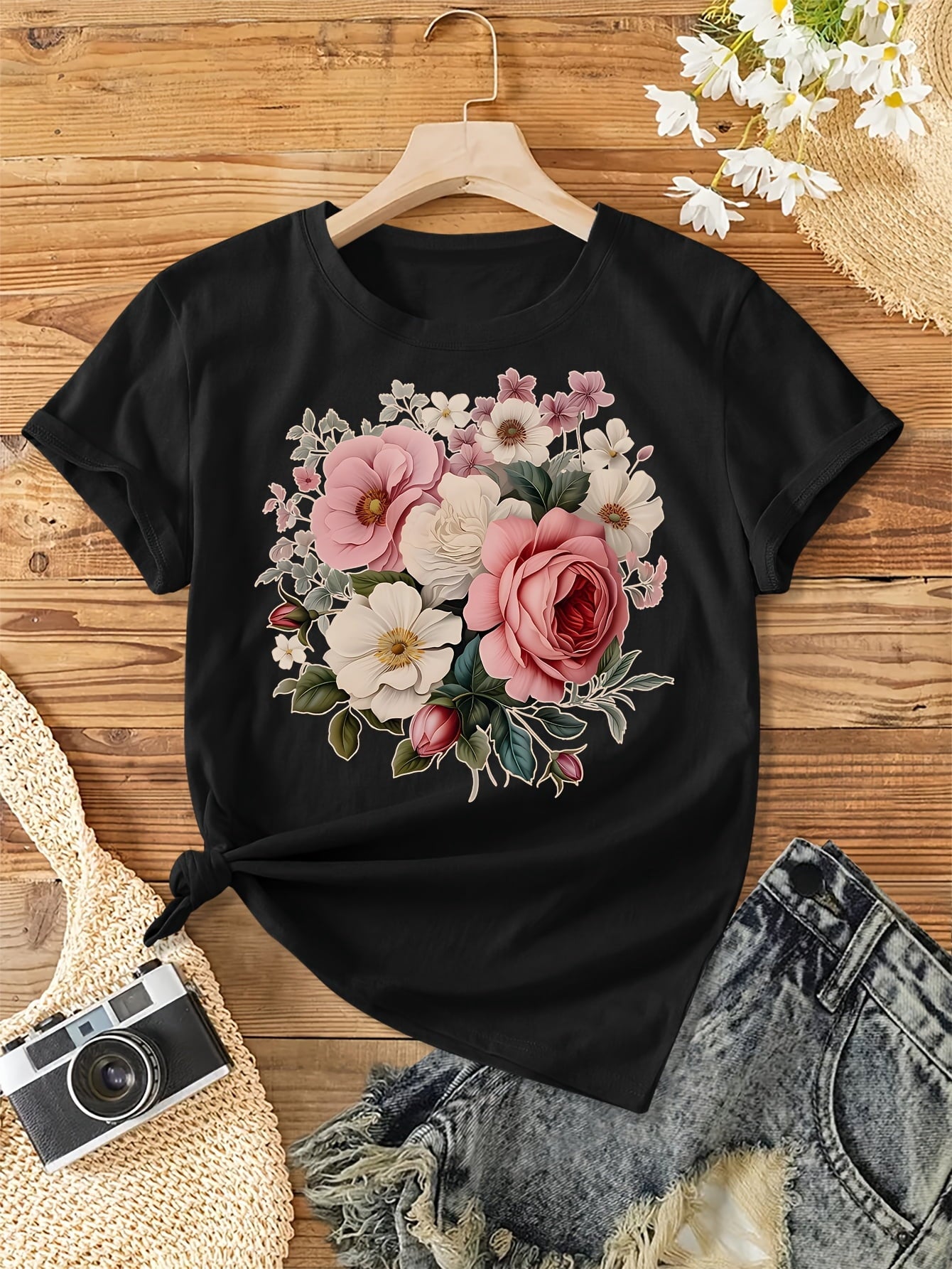 Women's Vintage Floral Bouquet T-Shirt Pink Rose Wildflower Graphic Casual Summer Tee