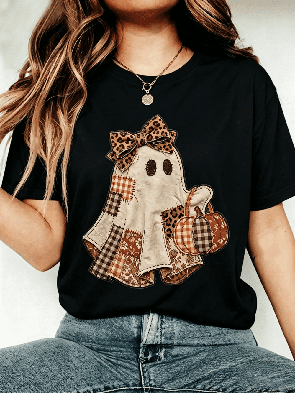 Women's Vintage Patchwork Ghost Graphic T-Shirt Leopard Bow Pumpkin Halloween Casual Tee