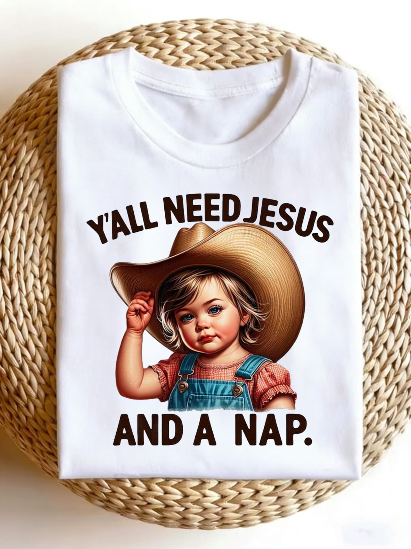 Women’s Vintage Western Cowgirl Graphic T-Shirt Y’all Need Jesus And A Nap Funny Christian Country Short Sleeve Tee