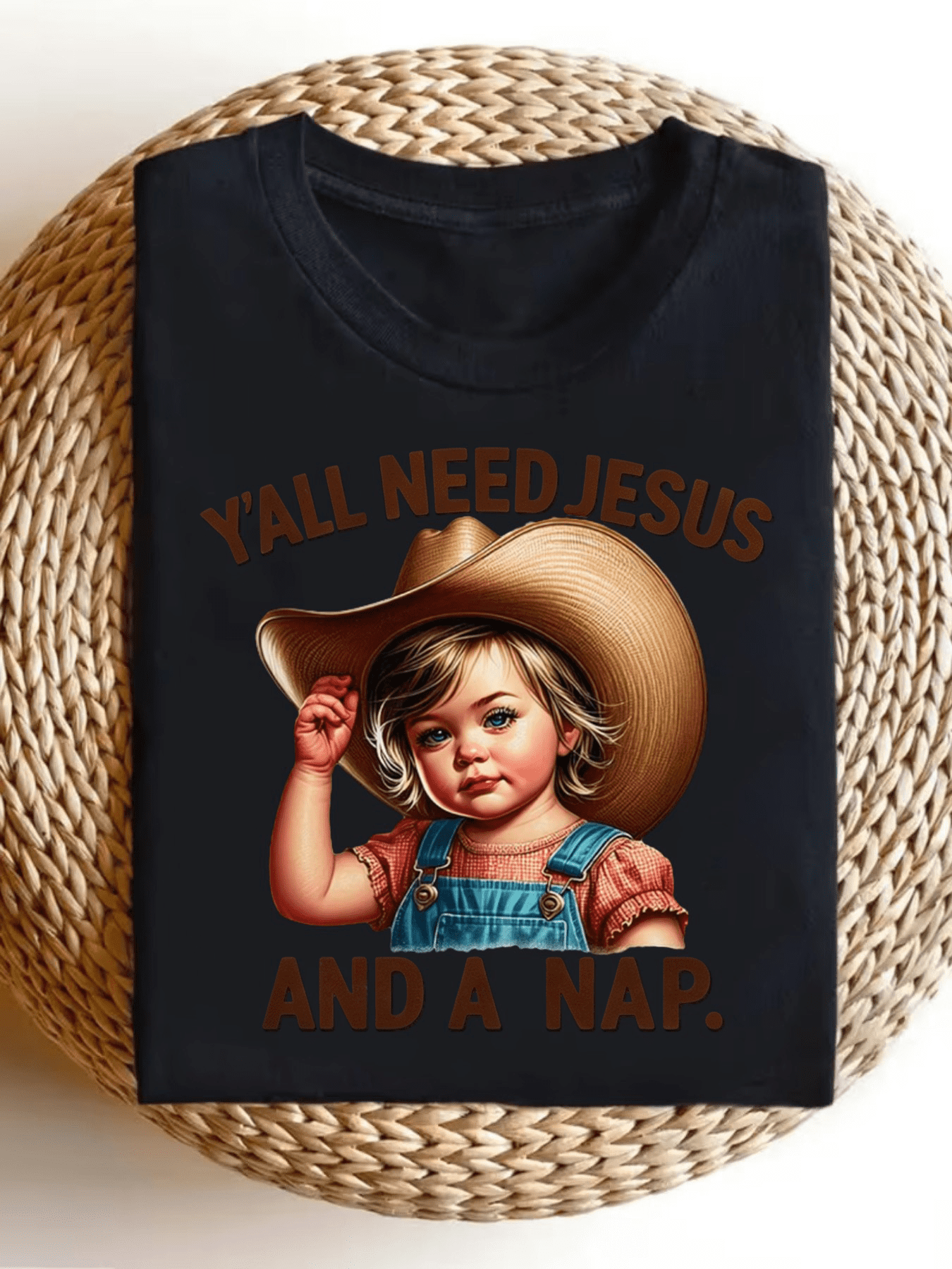 Women’s Vintage Western Cowgirl Graphic T-Shirt Y’all Need Jesus And A Nap Funny Christian Country Short Sleeve Tee