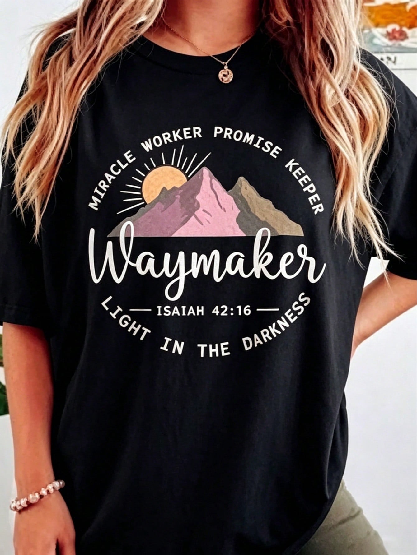 Women's Waymaker Miracle Worker Promise Keeper Mountain Bible Verse Graphic T-Shirt