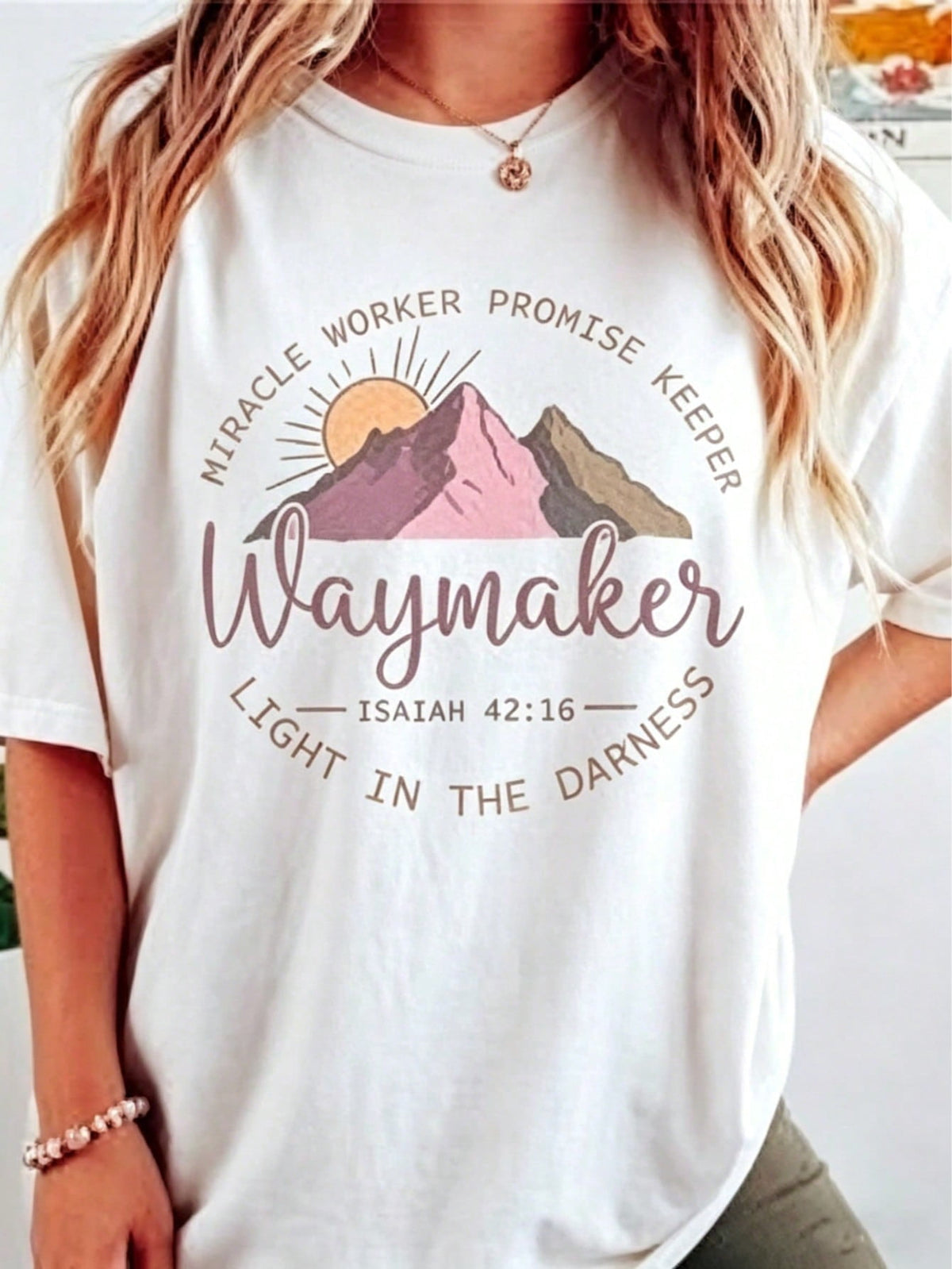 Women's Waymaker Miracle Worker Promise Keeper Mountain Bible Verse Graphic T-Shirt
