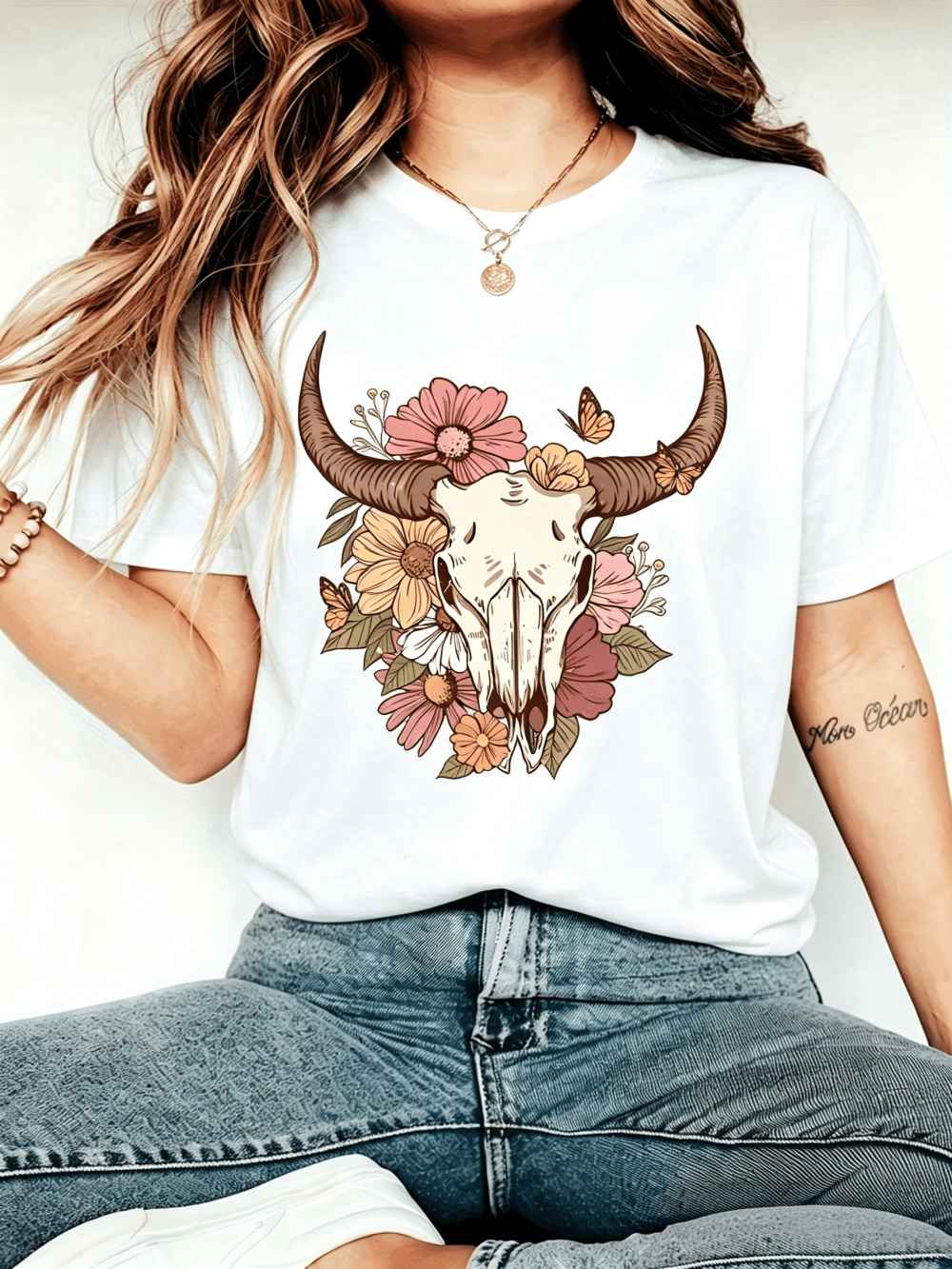 Women's Western Cow Skull Floral Butterfly Graphic T-Shirt Short Sleeve Casual Boho Tee