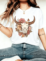Women's Western Cow Skull Floral Butterfly Graphic T-Shirt Short Sleeve Casual Boho Tee