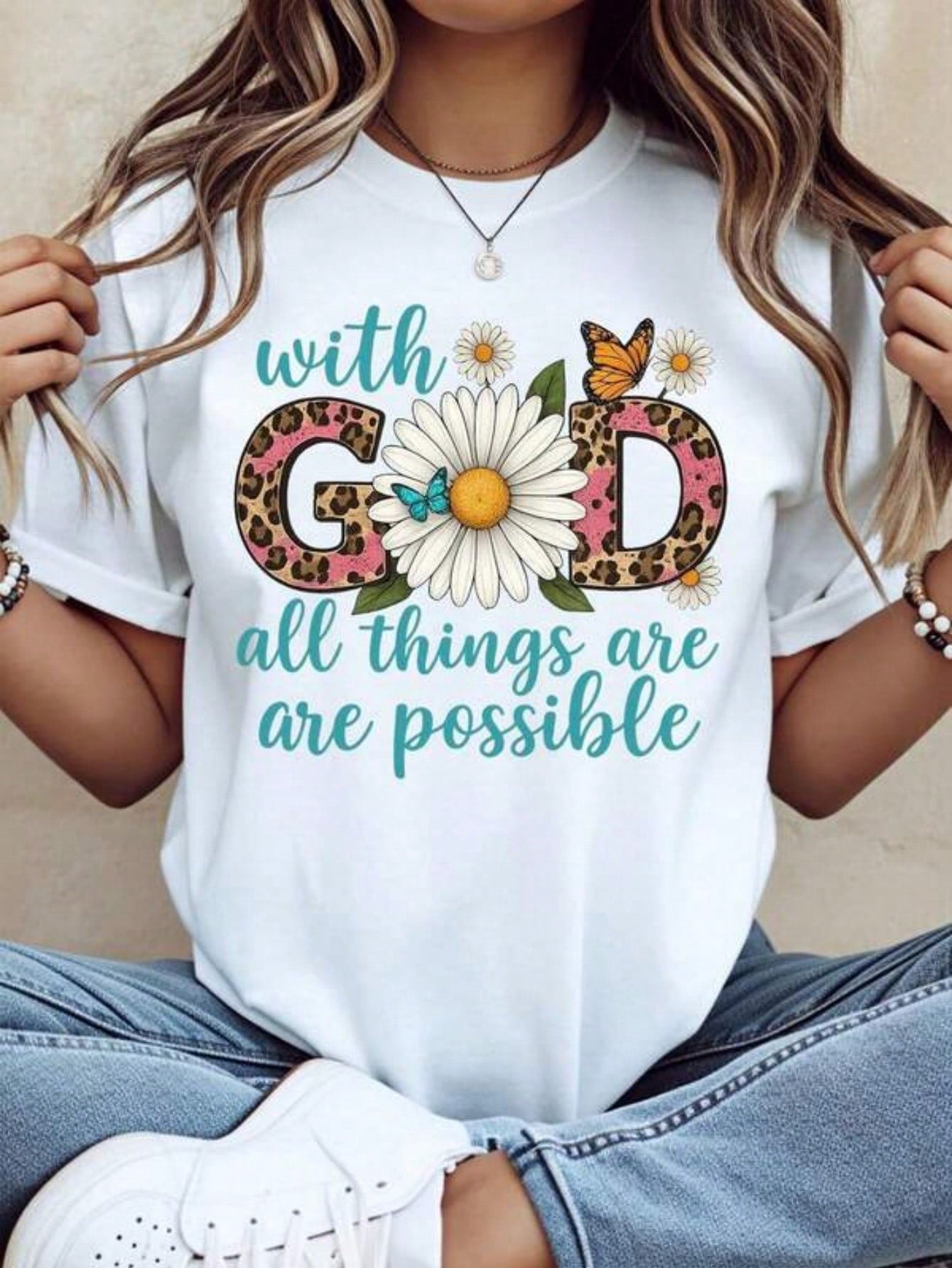 Women's White 100% Cotton Graphic T-Shirt, Floral Leopard Print "With God All Things Are Possible" Christian Inspirational Casual Summer Tee