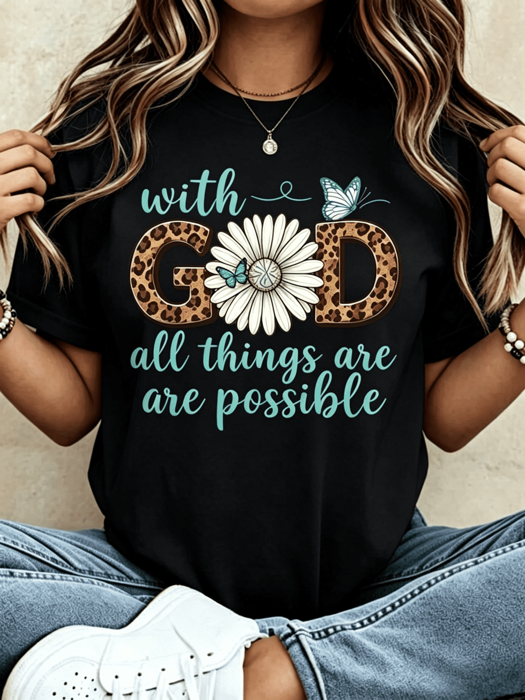 Women's White 100% Cotton Graphic T-Shirt, Floral Leopard Print "With God All Things Are Possible" Christian Inspirational Casual Summer Tee