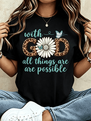 Women's White 100% Cotton Graphic T-Shirt, Floral Leopard Print "With God All Things Are Possible" Christian Inspirational Casual Summer Tee