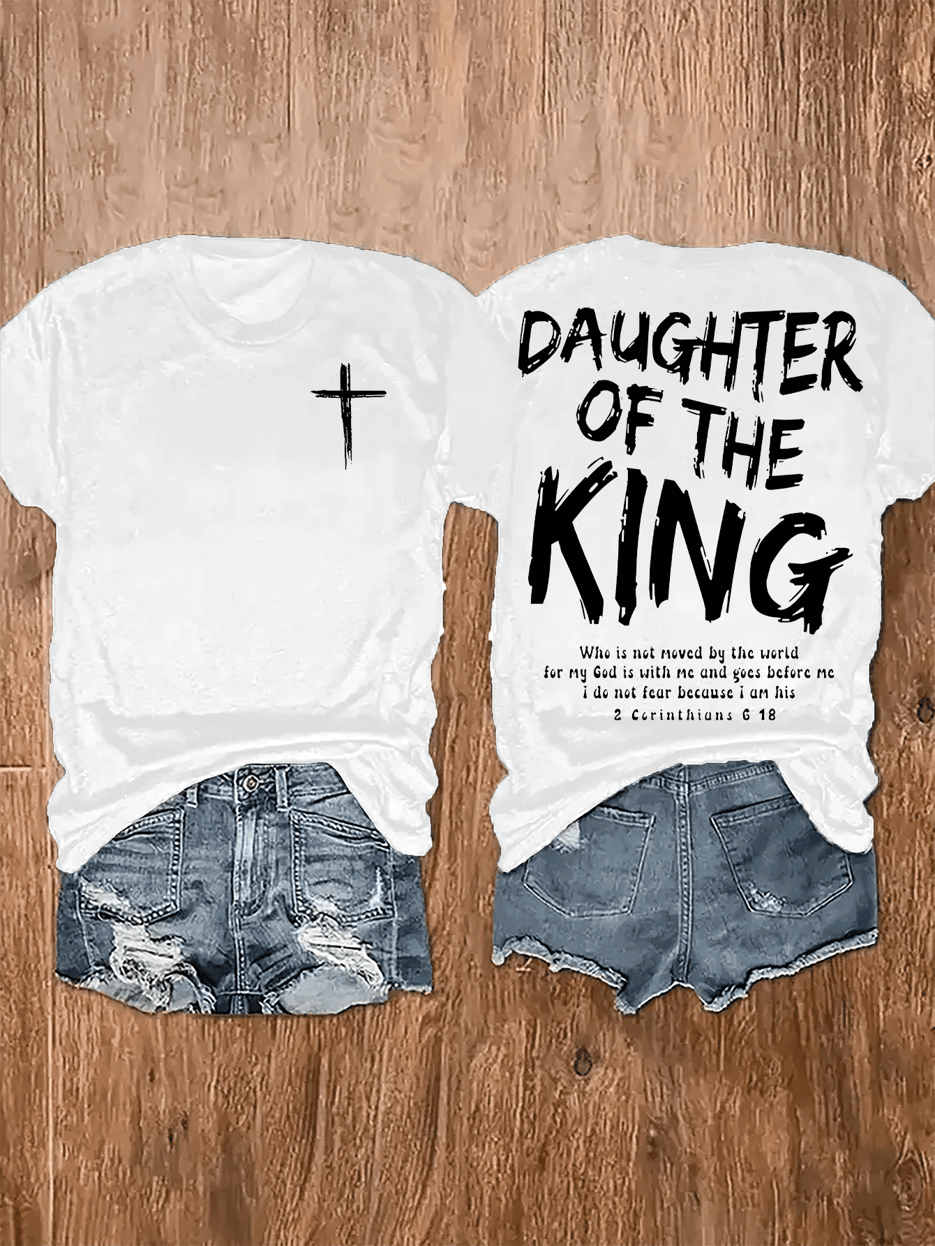 Women's Y2K Graphic T-Shirt - "Daughter Of The King" Religious Design With Cross & Scripture Quote, Dual-Sided Print, 180g Soft Round Neck Short Sleeve Tee