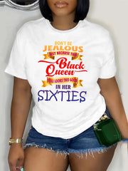Womens Black Queen 60th Birthday T Shirt, Sixties Vintage Gold Ribbon Letter Graphic Crew Neck Tee